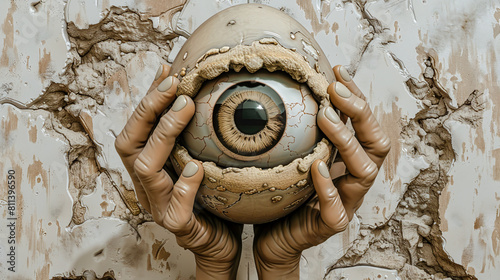 Cracked Reality Abstract Surreal Exploration of Perception with Egg-Shaped Eyeballs and Skeleton Figures  Wallpaper Digital Art Poster Brainstorming Map Magazine Background Cover photo