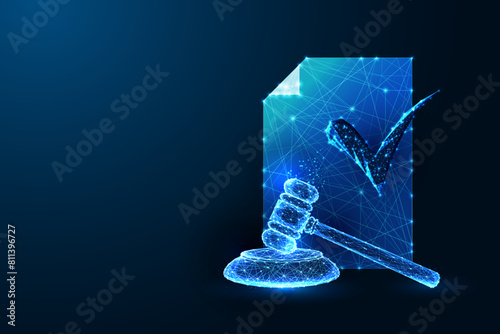 Legal document verification, attorney futuristic concept with gavel and check mark symbol 