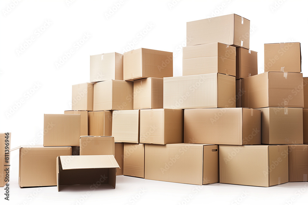 Goods packages lying on storehouse racks, waiting for transportration in empty storage. Products cardboard boxes on high shelves in shop distribution department warehouse. Shipping. High quality photo
