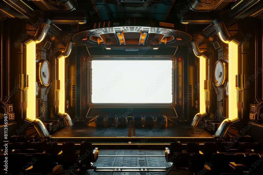 Retro sci-fi theater screening room interior with seats and glowing lights coming from the screen