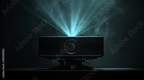 Back view of a Video projector in a dark sci-fi screening room photo