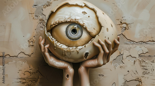 Cracked Reality Abstract Surreal Exploration of Perception with Egg-Shaped Eyeballs and Skeleton Figures  Wallpaper Digital Art Poster Brainstorming Map Magazine Background Cover photo