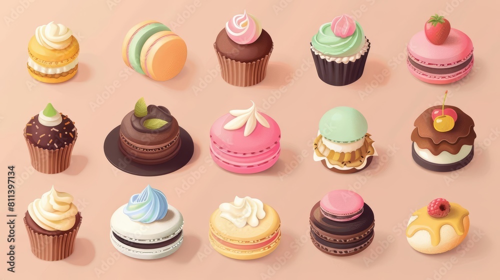 A kawaii isometric set of colorful desserts, from macarons to cupcakes, sweetening the view on a model isolated solid background A kawaii isometric set of colorful desserts, from macarons to cupcakes, sweetening the view on a model isolated solid background