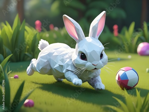An animation of a cute little baby rabbit running around the grass and chasing a toy ball, low poly, isometric art, 3d 