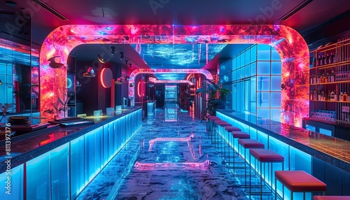 Step into a futuristic dining experience with a 360deg view of a virtual reality culinary journey, illuminated by a mix of glitch art and photorealistic lighting effects that captivate the senses photo