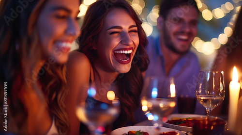 A group of friends laughs together around a table adorned with a candle, wine glasses, and a festive meal, clearly enjoying a convivial evening under twinkling lights - Generative AI