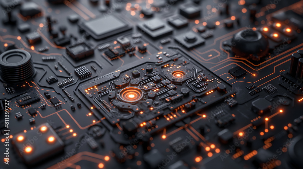 A detailed view of a circuit board with glowing orange and red lights, showcasing the intricate pathways and electronic components - Generative AI A detailed view of a circuit board with glowing orange and red lights, showcasing the intricate pathways and electronic components - Generative AI