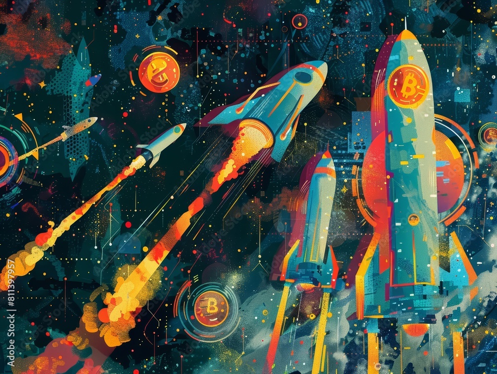 Abstract depiction of cryptocurrency symbols and rocket ships Abstract depiction of cryptocurrency symbols and rocket ships