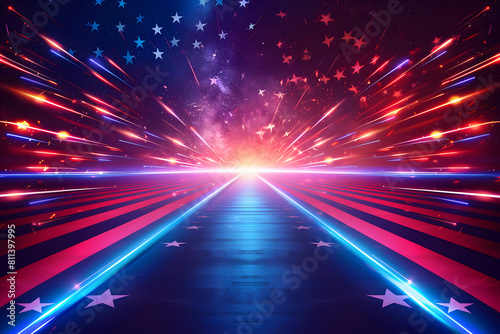 American Flag colors and fireworks mockup background with copy space . 4 July independence day concept celebration