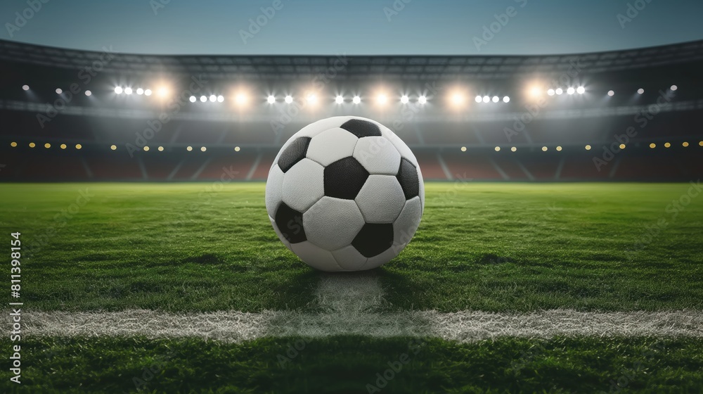 A football rests on the grass of a soccer field under the sky