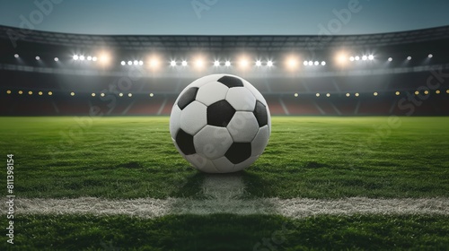 A football rests on the grass of a soccer field under the sky