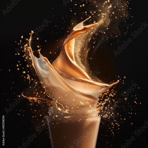 BB creams twisting into a fiery explosion on a dark black background, transform daily skin care with an unexpected twist of vibrant action photo