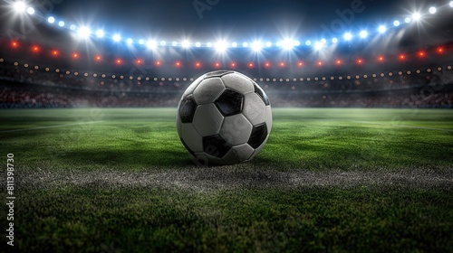A football rests on the grass of a soccer field under the sky