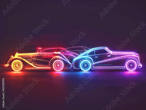 Colorful glow HUD icon of vintage cars, crafted in solid color, captures the essence of classic elegance, synth wave