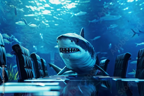 Creative charismatic of a shark in a business suit, presenting at a boardroom meeting underwater, portrait with HUD photo