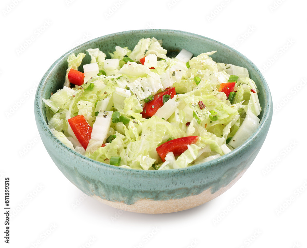 Tasty salad with Chinese cabbage, bell pepper and green onion in bowl isolated on white Tasty salad with Chinese cabbage, bell pepper and green onion in bowl isolated on white