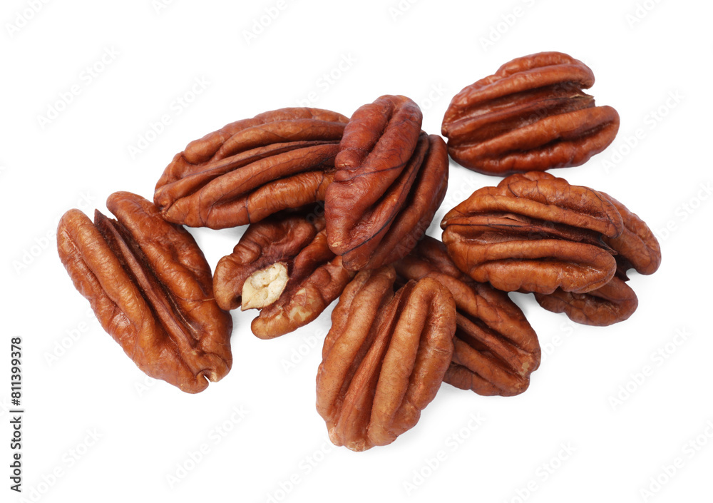 Tasty pecan nuts isolated on white, top view Tasty pecan nuts isolated on white, top view