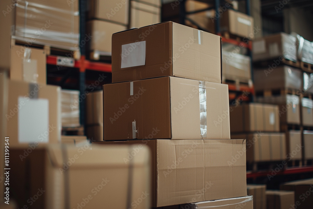 Goods packages lying on storehouse racks, waiting for transportration in empty storage. Products cardboard boxes on high shelves in shop distribution department warehouse. Shipping. High quality photo Goods packages lying on storehouse racks, waiting for transportration in empty storage. Products cardboard boxes on high shelves in shop distribution department warehouse. Shipping. High quality photo