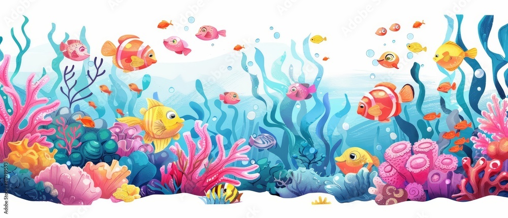 Cute watercolor of a bustling coral reef, alive with colorful fish and waving corals, in kawaii styles, clipart kawaii watercolor on white background