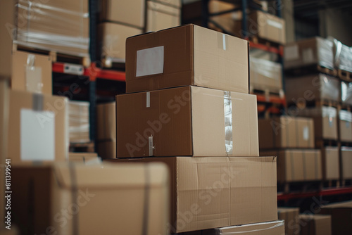 Goods packages lying on storehouse racks, waiting for transportration in empty storage. Products cardboard boxes on high shelves in shop distribution department warehouse. Shipping. High quality photo