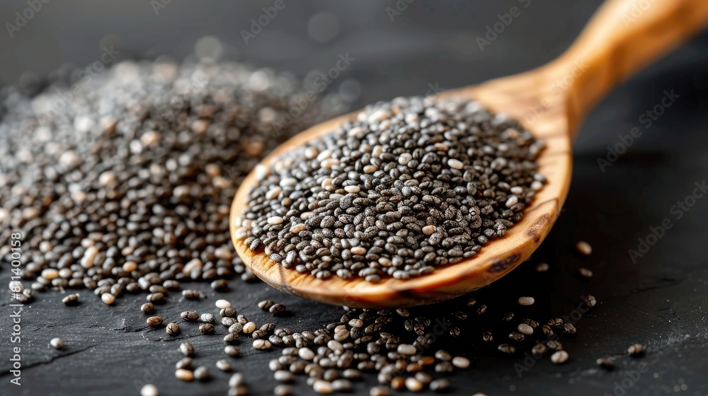 Healthy chia seeds on a wooden spoon Healthy chia seeds on a wooden spoon
