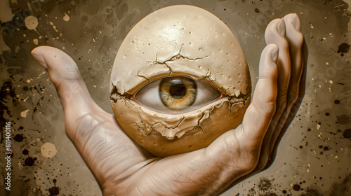 Cracked Reality Abstract Surreal Exploration of Perception with Egg-Shaped Eyeballs and Skeleton Figures  Wallpaper Digital Art Poster Brainstorming Map Magazine Background Cover photo