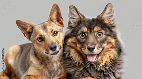 Portrait of Happy dog and cat that looking at the camera together isolated on transparent background, Friendship between dog and cat, Amazing friendliness of the pets, Happy dog and cat portrait, Dog 