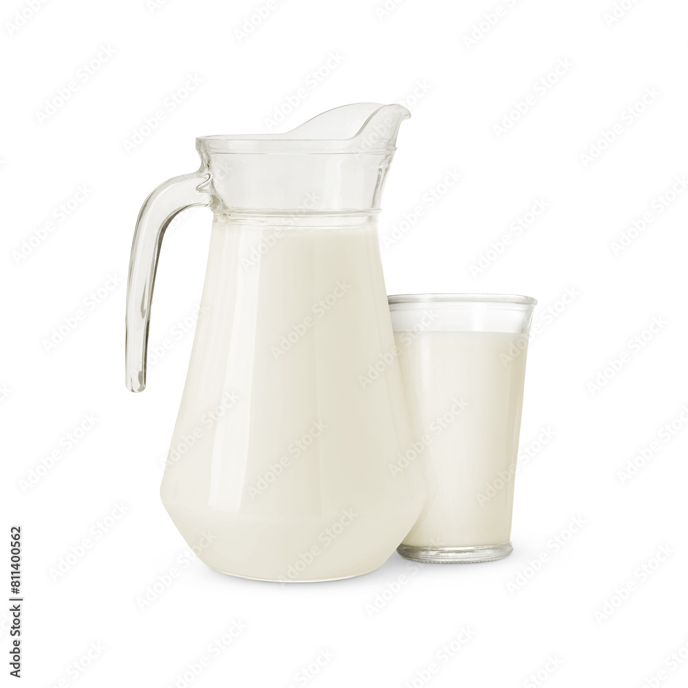 Glass and jug with milk isolated on white Glass and jug with milk isolated on white