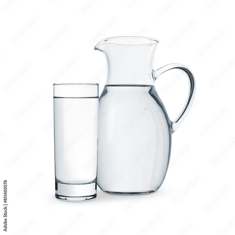 Glass and jug with water isolated on white Glass and jug with water isolated on white