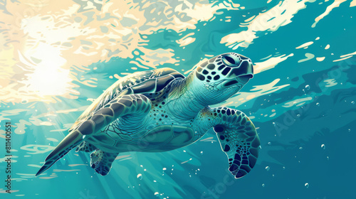 A vibrant illustration of a sea turtle swimming gracefully beneath the ocean s sunlit surface  exuding peace and natural beauty.