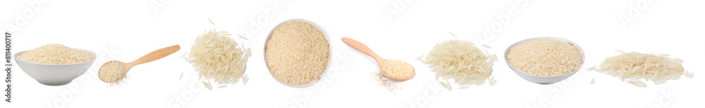 Set with uncooked rice isolated on white, top and side views Set with uncooked rice isolated on white, top and side views