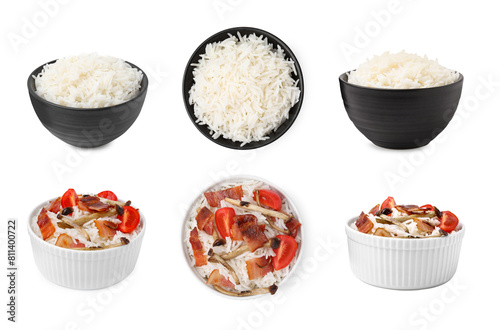 Set with tasty rice in bowls isolated on white, top and side views