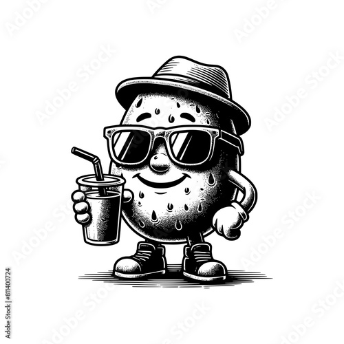 mascot potato wearing sun glasses drinking juice vector illustration