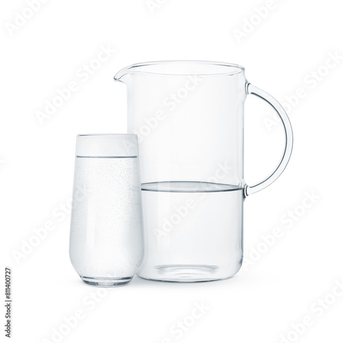 Glass and jug with water isolated on white