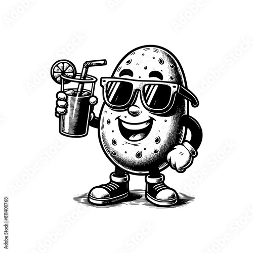 mascot potato wearing sun glasses drinking juice vector illustration