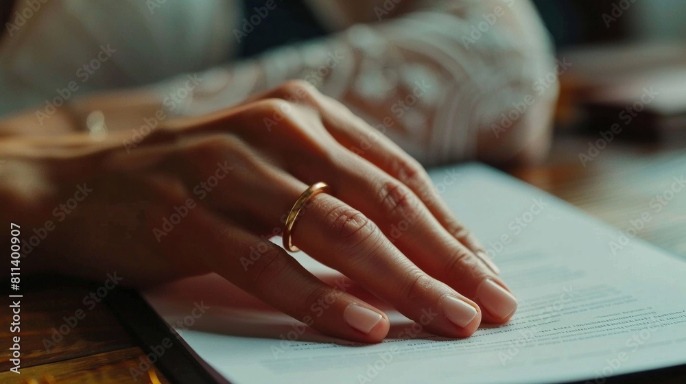 Hands of wife, husband signing decree of divorce, dissolution, canceling marriage, legal separation documents, filing divorce papers or premarital agreement prepared by lawyer. Generative AI