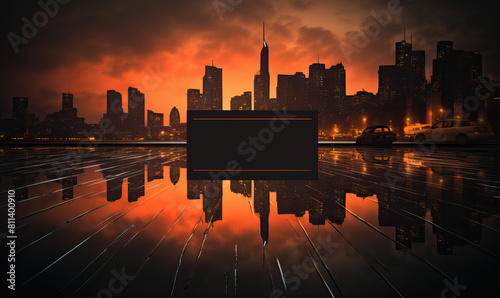 Cityscape reflected in the water, space for text.