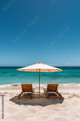 tropical vacation background. Sundbeds under the sun shade on sandy tropical beach. High quality photo © Starmarpro