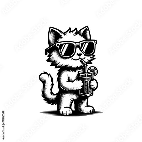 cat wearing sun glasses chill drinking juice vector illustration