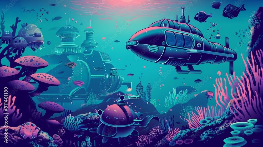 Futuristic Pop art style of an underwater habitat Futuristic Pop art style of an underwater habitat