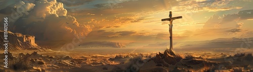 Illustrate the solemn presence of Jesus Christ on the cross, surrounded by the vast expanse of desert dunes