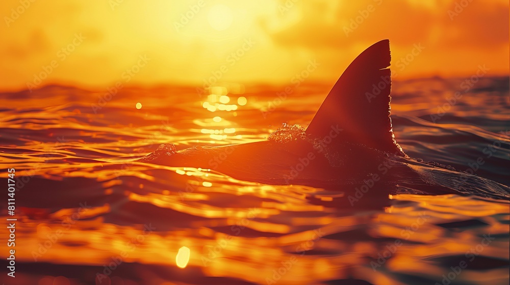 Fototapeta premium Shark Fin Silhouetted in Fiery Sunrise