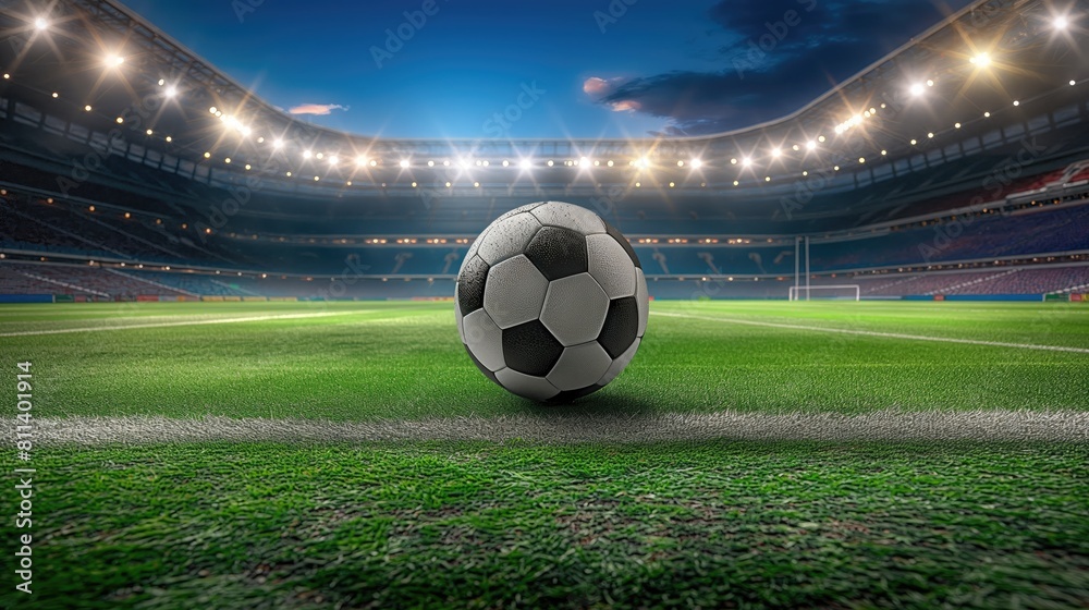 Obraz premium A football rests on the grass of a soccer field under the sky