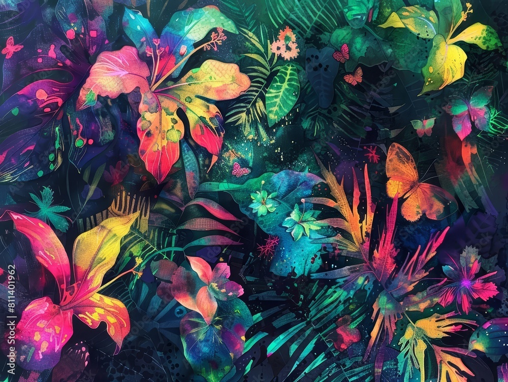 Look strange of biology, exploring a neon jungle where fluorescent plants and bioluminescent animals thrive, captured in watercolor styles with a sharpen cinematic look