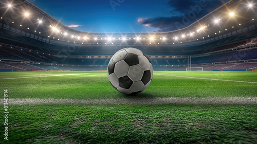 A football rests on the grass of a soccer field under the sky