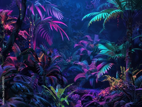 Look strange of biology  exploring a neon jungle where fluorescent plants and bioluminescent animals thrive  captured in watercolor styles with a sharpen cinematic look