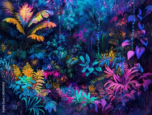 Look strange of biology  exploring a neon jungle where fluorescent plants and bioluminescent animals thrive  captured in watercolor styles with a sharpen cinematic look