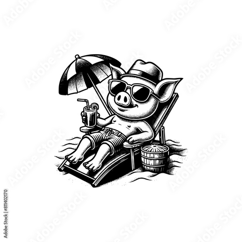 mascot pig chill in beach vector illustration