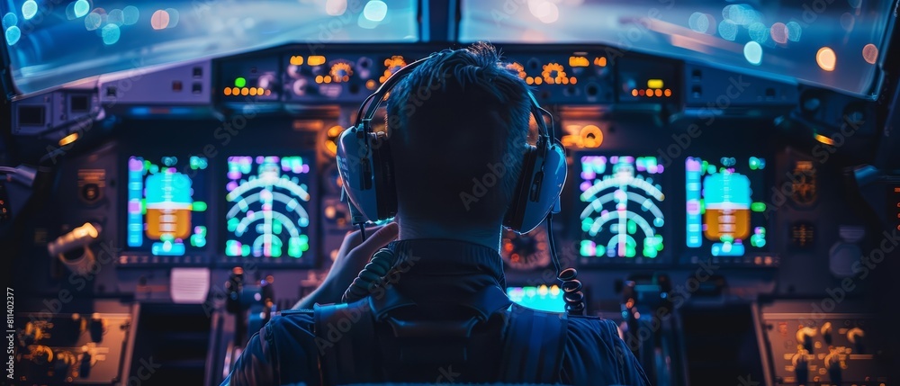Portrait of a pilot with Glow HUD big icon of flight instruments Portrait of a pilot with Glow HUD big icon of flight instruments