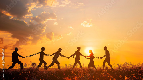 groupe de personne faisant une chaine humaine en se tenant la main sur l'horizon à contre-jour, concept de solidarité et d'entre-aide